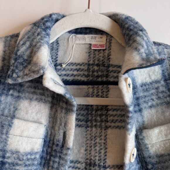 Girls Zara Blue and White Plaid Wool Button Up Shacket 18-24 months EUC - Picture 3 of 3